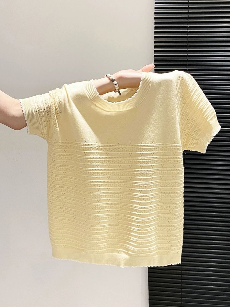 Áo thun nữ tay ngắn dệt kim phối xếp nếp phong cách Hàn Quốc — màu xanh nhạt