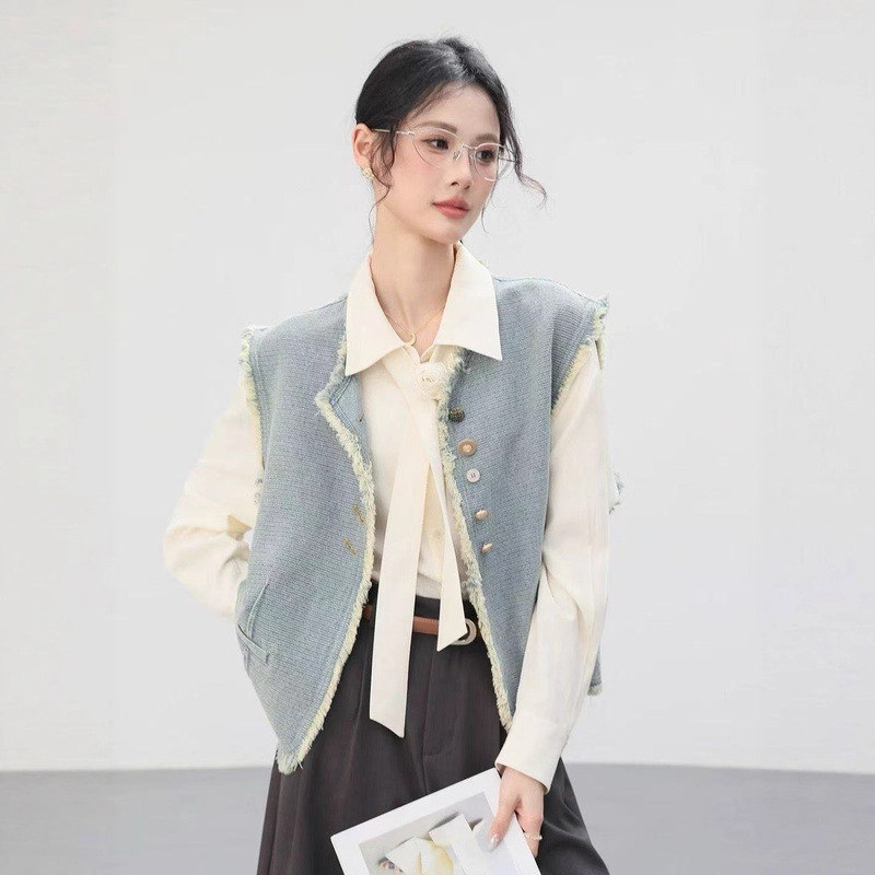 2025秋季 韩版宽松时尚复古牛仔粗麻毛边马甲百搭无袖上衣女88106|undefined