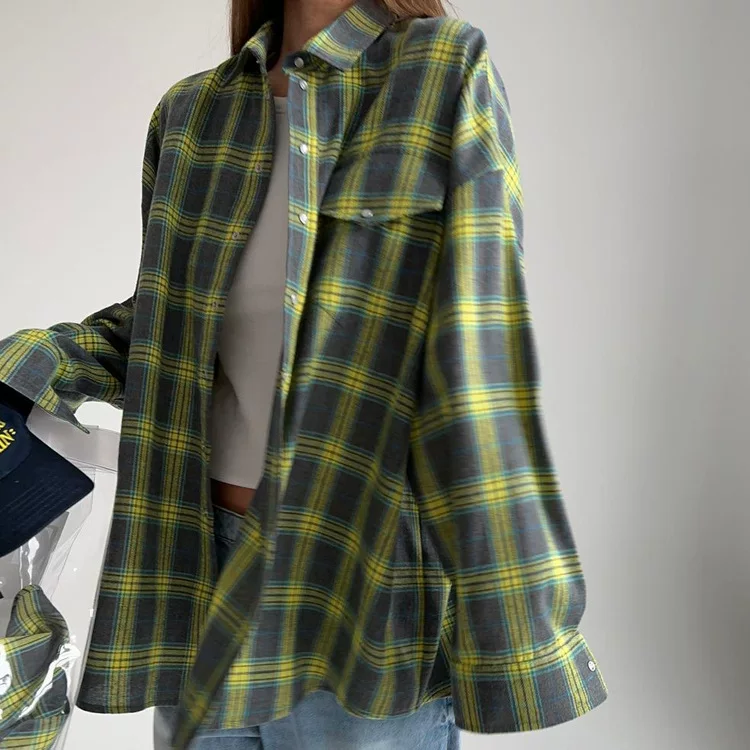เสื้อแขนยาวฤดูใบไม้ร่วงย้อนยุค ลายตาราง หลายสี ไซส์ S–XL