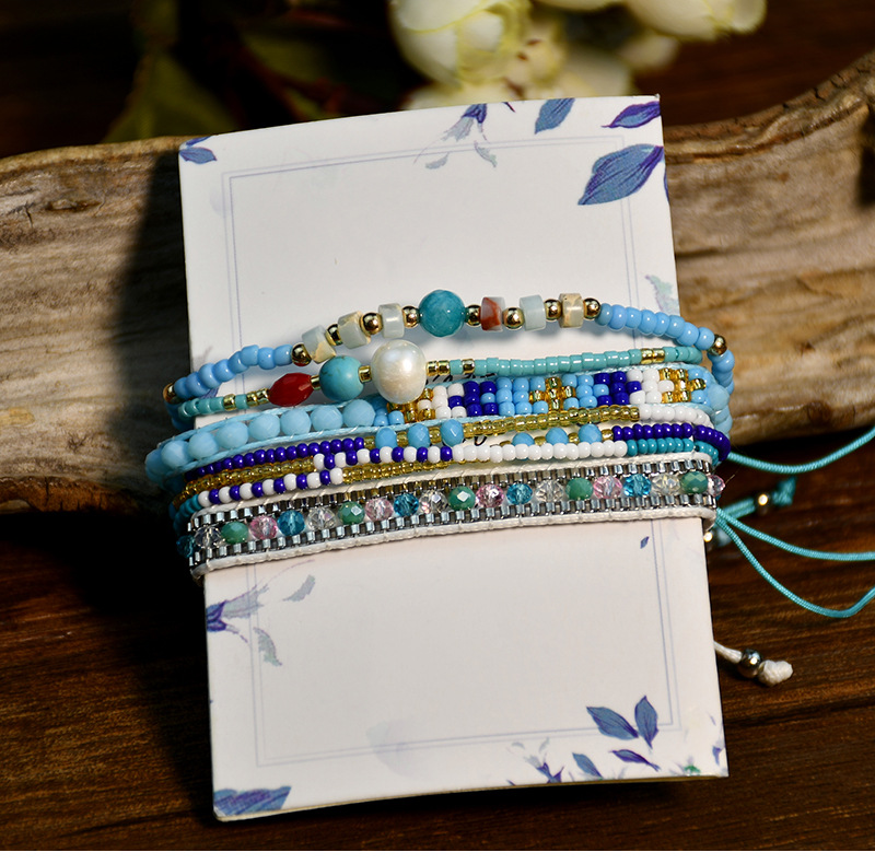 Bohemian Style Multi-layer Blue Bead Turquoise Woven Bracelet display picture 3
