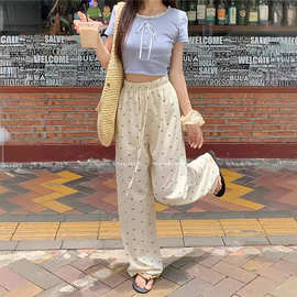 蝴蝶结印花垂坠感阔腿裤子女抽绳松紧高腰慵懒风山本女裤一件代发