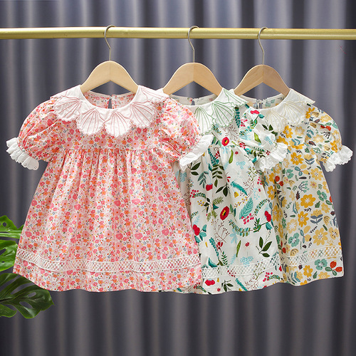 Princess dress for children and baby girls summer pink floral girl dress shell lace collar lady going out skirt