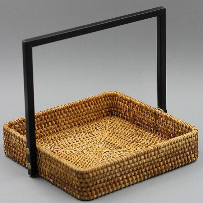 Rattan Iron Square Basket Wholesale Vintage Container Ornaments Storage Basket Artificial Rattan Fruit Basket Storage Basket