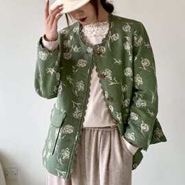 棉麻印花时尚棉衣2026冬款上衣女常熟花棉袄宽松圆领夹棉薄棉服