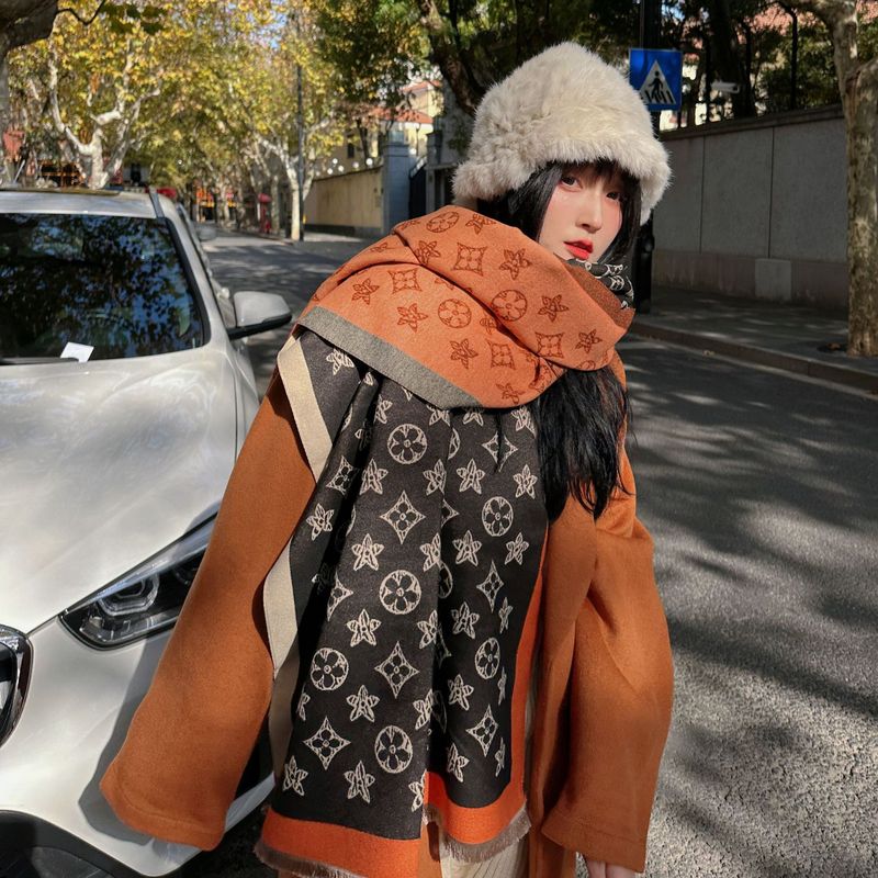 スカーフ女性の秋と冬の新しい模造カシミヤ両面ジャカード暖かいショール厚みのある五葉の花のスカーフハイエンドのファッション|undefined