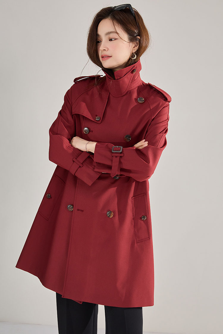 Womens Autumn Red Trench Coat Lapel Collar Double Breasted Leisure