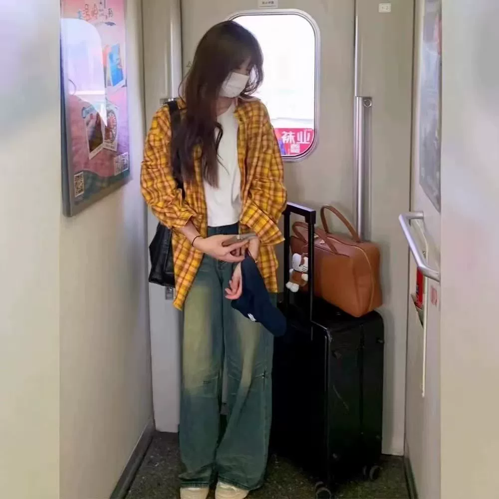 Американская желтая клетчатая рубашка женская весна новый допамин рубашка куртка свободная повседневная ретро пара топ