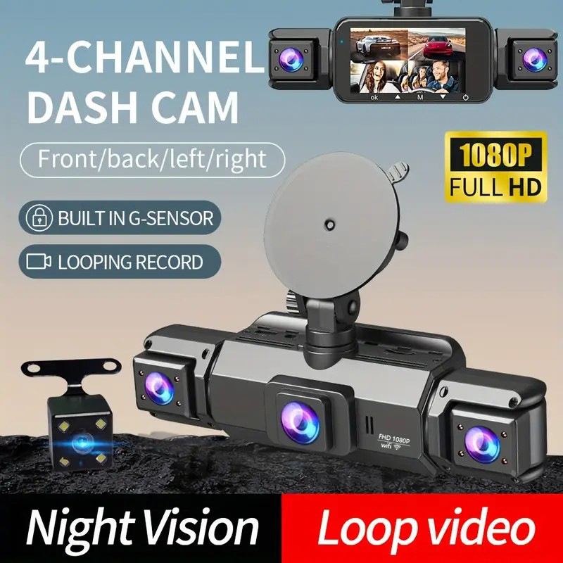 360 ° Cross-border four-camera high-definition dashcam with infrared night vision, supports mobile phone connectivity and 24-hour parking monitoring