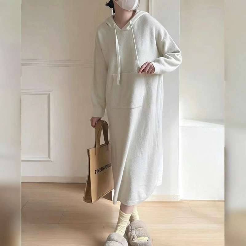 Pocket 2026 autumn/winter casual sporty hooded sweater dress, loose fit, solid color knitted dress for women Pocket 2026 autumn/winter casual sporty hooded sweater dress, loose fit, solid color knitted dress for women