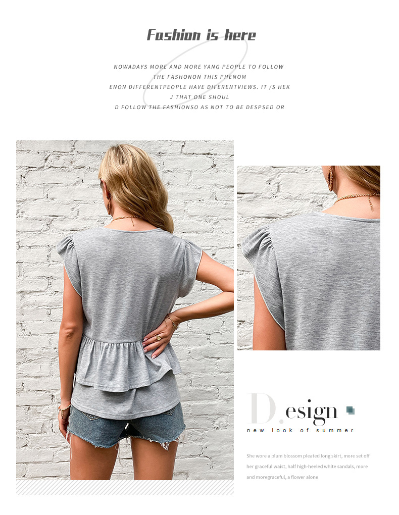 Solid Color Ruffled Gray V-neck Casual Short-sleeved T-shirt_voghion.com