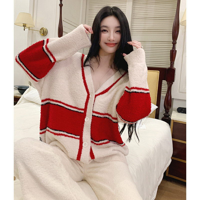 韩版V领撞色开衫半边绒睡衣女冬天慵懒风红色显白加厚保暖家居服|undefined