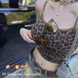 美式复古甜辣妹豹纹短款上衣独特别致性感无袖吊带背心女夏季外穿