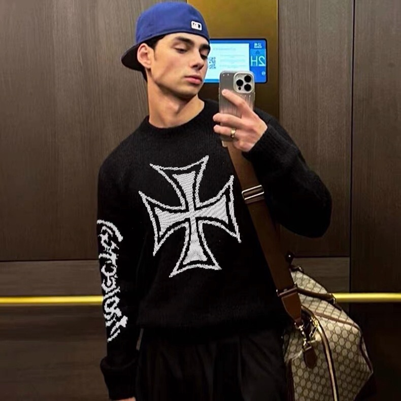 Grailz Project G/R Niche Trendy Brand American-Style Iron Cross Warm Crew Neck Sweater Unisex Trendy Style Grailz Project G/R Niche Trendy Brand American-Style Iron Cross Warm Crew Neck Sweater Unisex Trendy Style