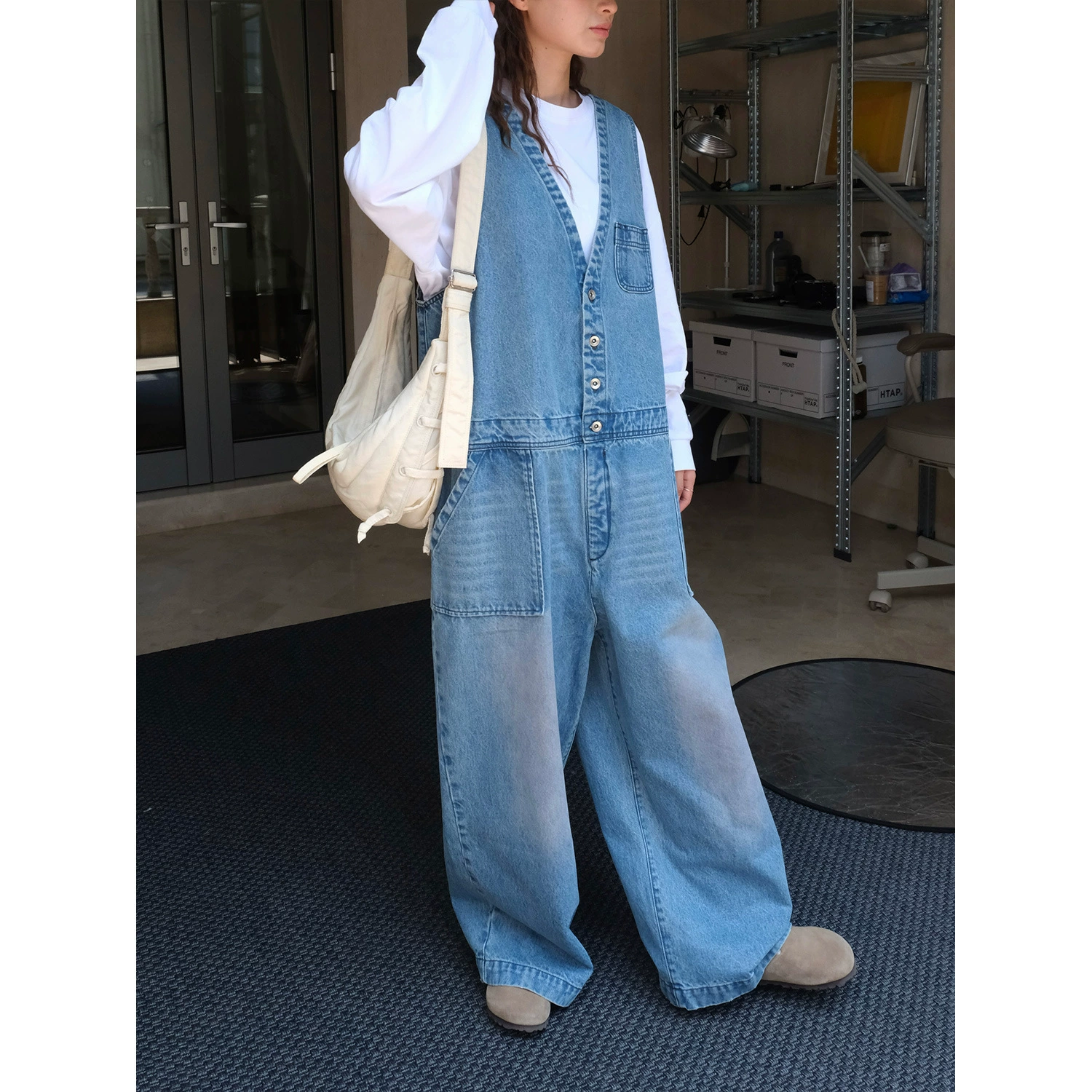 Осенние новые модные джинсовые комбинезоны в японском стиле, уменьшающие возраст, свободные, хрустящие, повседневные длинные брюки для женщин