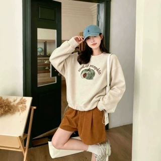 秋季新款韩版休闲时尚简约印花底边抽绳宽松圆领卫衣上衣女潮3646