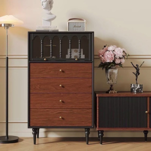 North French Retro Solid Wood Bucket Cabinet Bedroom Antique Storage Living Room Small Apartment Household Side Cabinet Color-matching Bed End
