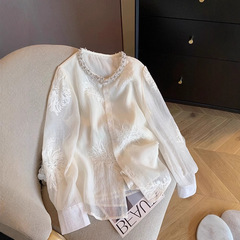 白い重工釘珠刺繍国風シャツ女性2025春夏新気質薄い日焼け止め新中国式上着
