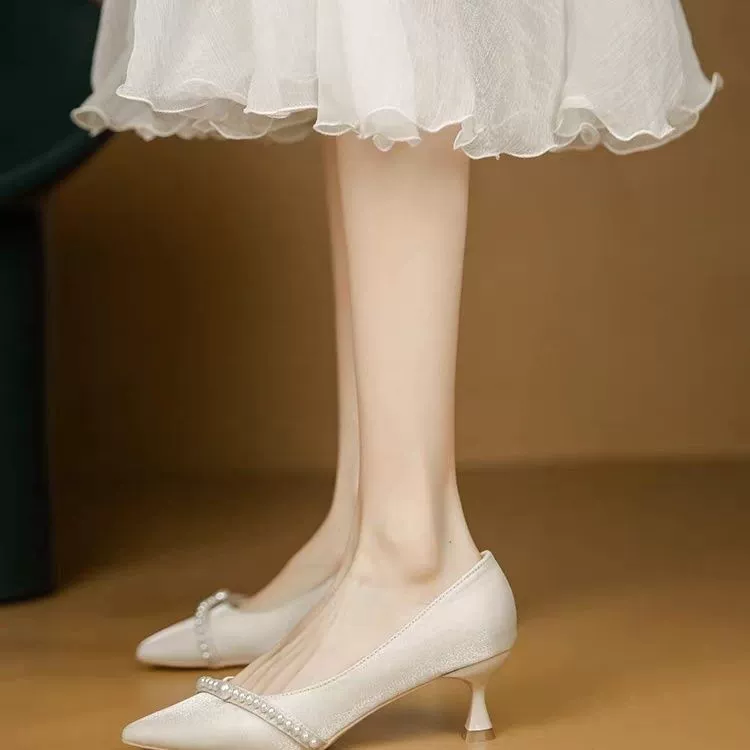 Острые жемчужные туфли на высоком каблуке женская 2025 летняя пятка