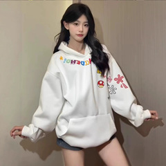 2025秋季新款涂鸦印花白色连帽卫衣女宽松慵懒风chic韩系情侣外套