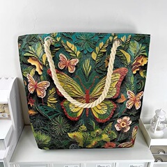 新品グリーン立体蝶両面大容量民族金糸刺繍キャンバスバッグ3D両面刺繍ハンドバッグ