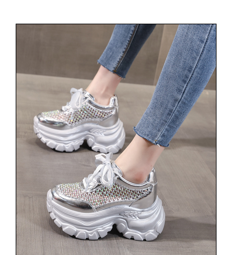 Giày sneaker chunky nữ đế dày lưới thoáng khí tăng chiều cao đính đá — Màu đen chi tiết 11