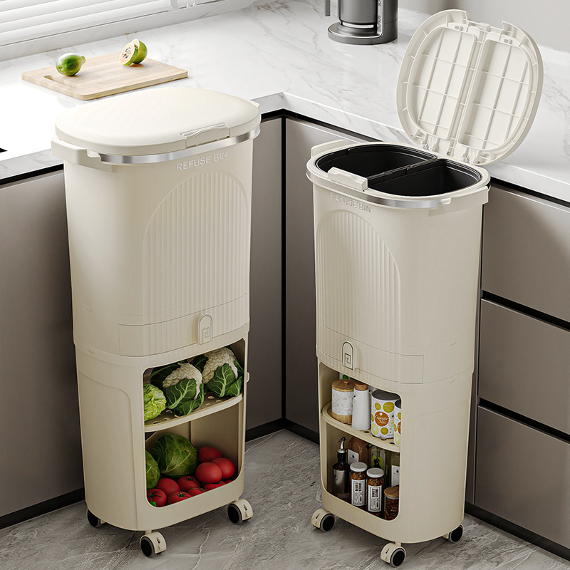 Kitchen Trash Can with Lid, Multifunctional Dry and Wet Waste Bin, Japanese-Style Household Living Room Gap Storage Bin