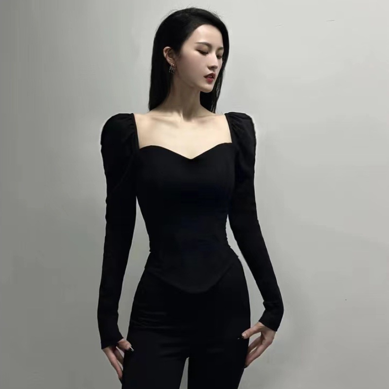 2024 principios de otoño moda chica caliente hueso de pescado sexy corto delgado clavícula descubierta temperamento francés camiseta de manga larga
