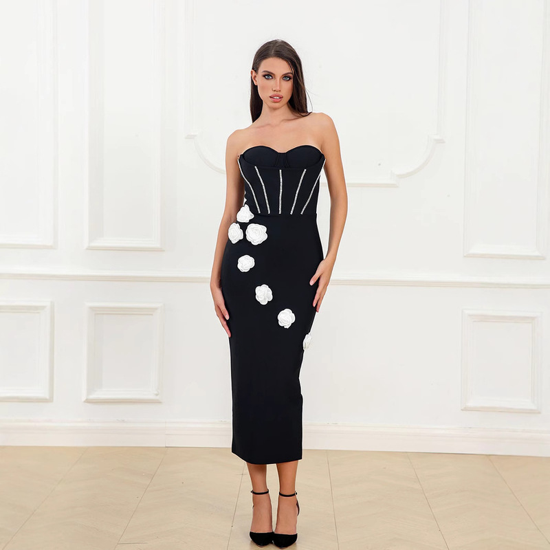 2024 Fashion European and American Cross-Border Popular Women's Three-Dimensional Floral Design Bandage Dress Evening Gown