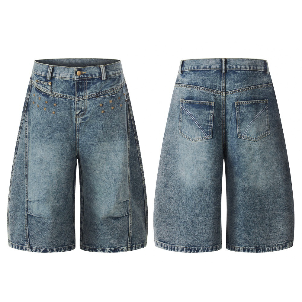 Men's Vintage Washed Blue Distressed Denim Shorts Rock And Roll Studded Details Relaxed Fit Cargo Shorts_mkmklike.com