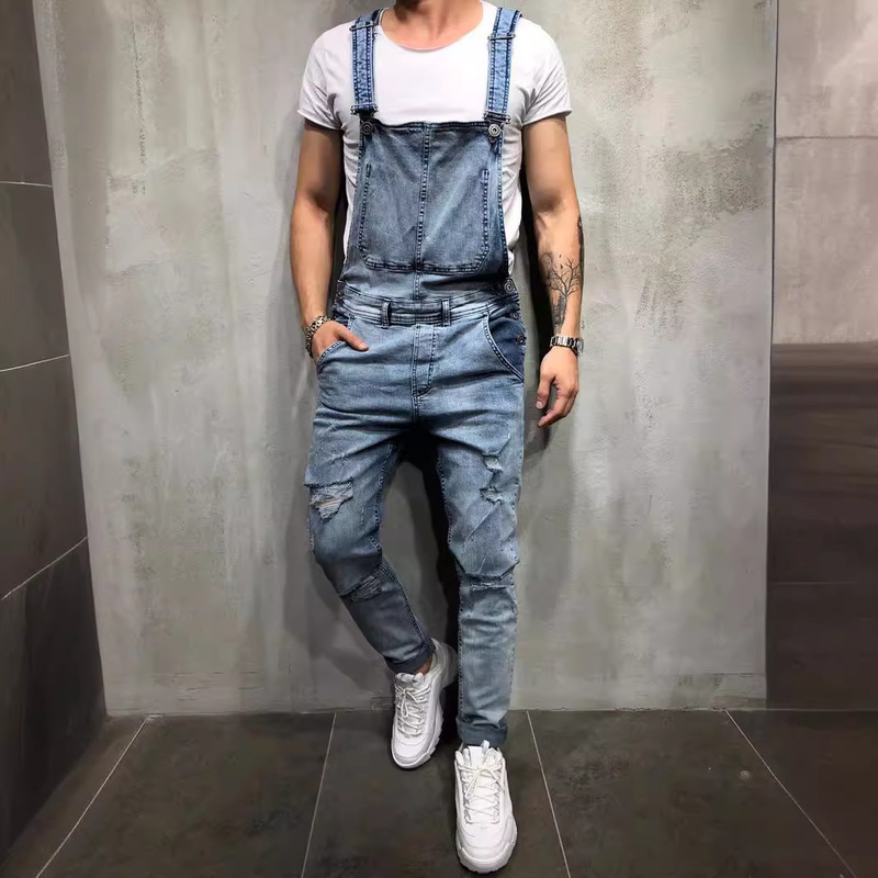 Amazon Wish Fashion Men's Suspender Jumpsuit Frayed Men's Export Jeans Pants Overalls