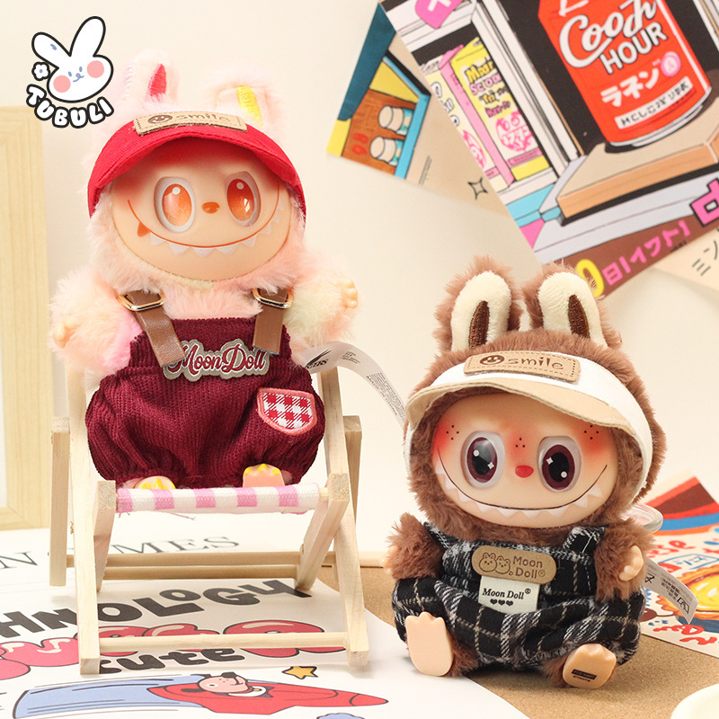 Plush Doll Clothes Labubu Doll Clothes 17cm Labubu Casual Overalls Fisherman Hat Clothing Handmade