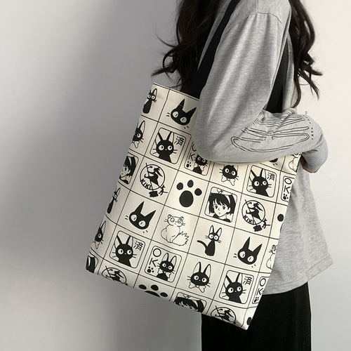  New Canvas Bag Women's Shoulder Versatile Ins Cute Cat Cartoon Student Class Zipper Portable Cloth Bag