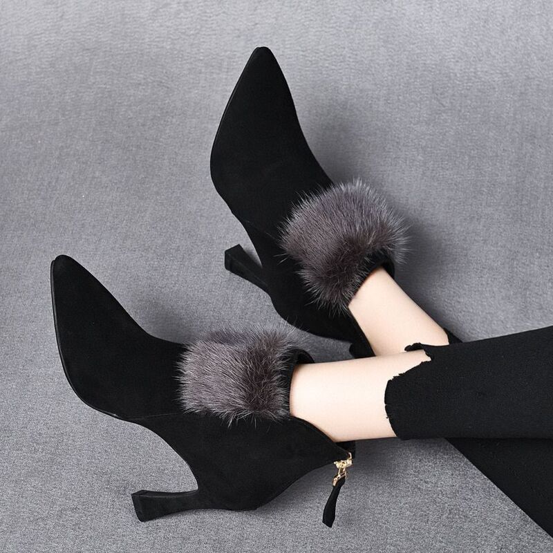 Women's Winter New Pointed High-Heeled Ankle Boots with Thin Heels, New Mink Fur-Lined Boots, Martin Boots