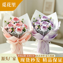 手工钩织玫瑰花束成品毛线编织仿真花节日礼物永生花跨境货源批发