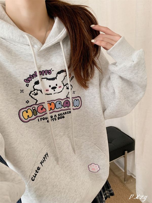 031 慵懒风连帽卫衣女秋季新款植绒卡通字母大码休闲女式卫衣长袖|undefined