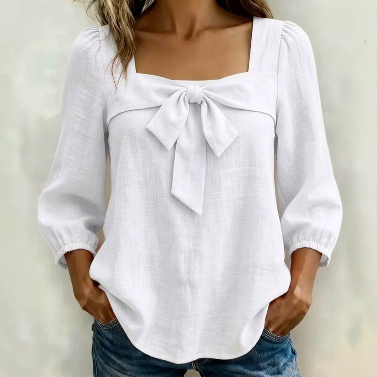 Women's Clothing Women's Style Square Neck Blouse Bow Tie Top Puff Sleeves Three Quarter Length Elegant Outfit_ecoleips.com