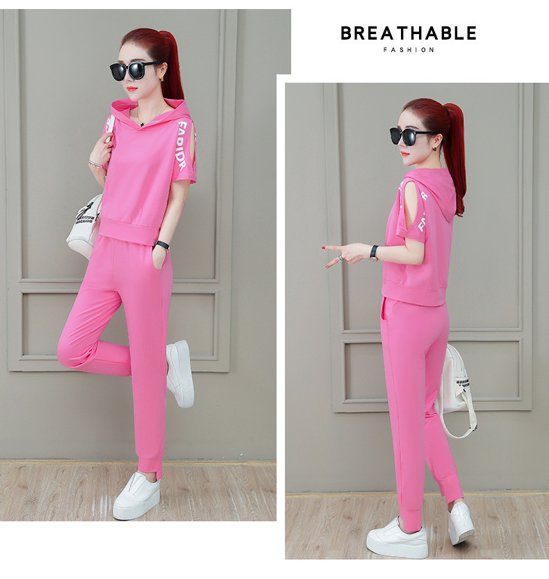 Women's Fashionable Loose Fit Sportswear Set Hooded Short Sleeve Top And Trousers Two Piece Student Outfit Summer 2026 Style_ecoleips.com
