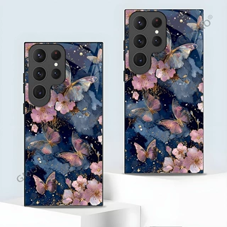 复古梦幻氛围感蝴蝶花卉玻璃手机壳适用SamsungA55/S25UItra硬壳
