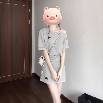 Korean Style Casual Style Tight Waist Sports suit Women's Summer Fashionable Short Slant Shoulder Short Sleeve Short Skirt Small Two-piece Set
