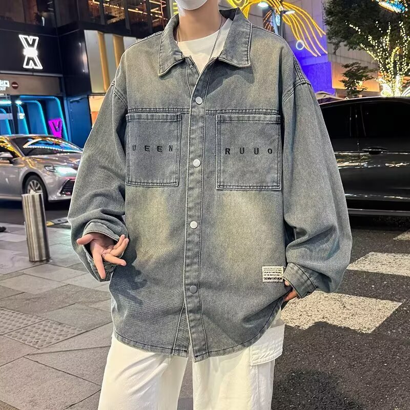 Spring and Autumn New Style Lapel Distressed Washed Denim Jacket Men's Fashion Simple Trendy Korean Style Shirt Men's Jacket