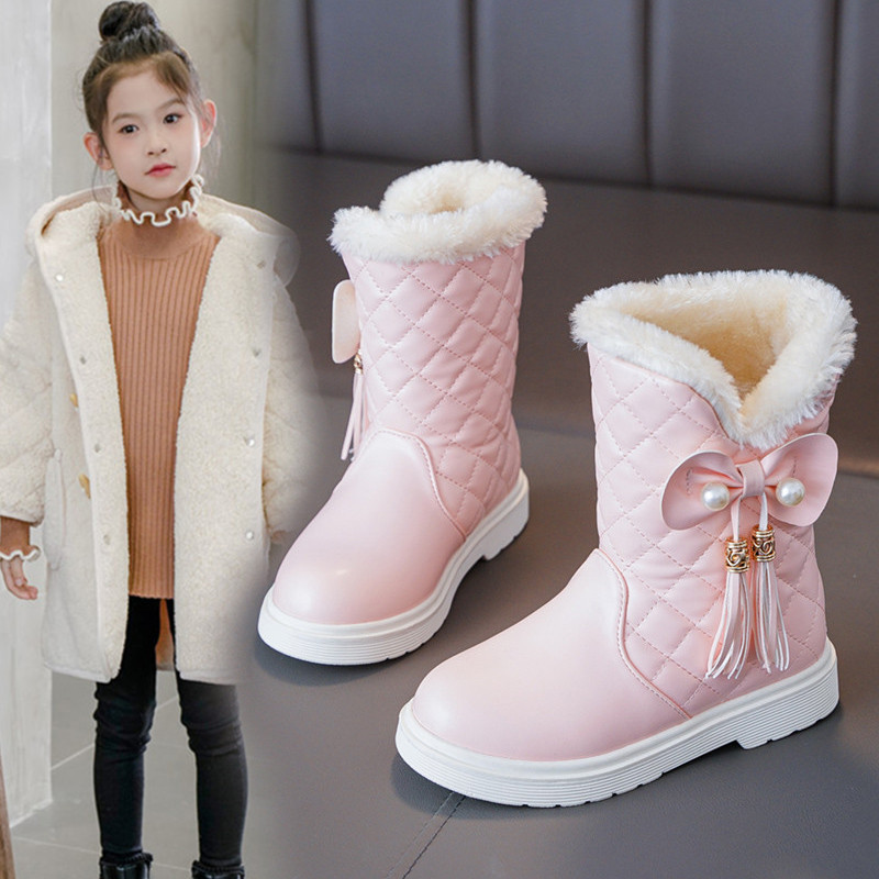 Children's Snow Boots for Girls 2024 New Winter Fleece Warm Mid-Calf Boots for Older Children Girls Thick Cotton Boots
