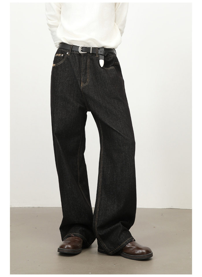 Quần jeans nam dáng rộng ống thẳng màu bò đen nguyên bản, túi thêu họa tiết, lưng giữa — Bò đen sống chi tiết 10