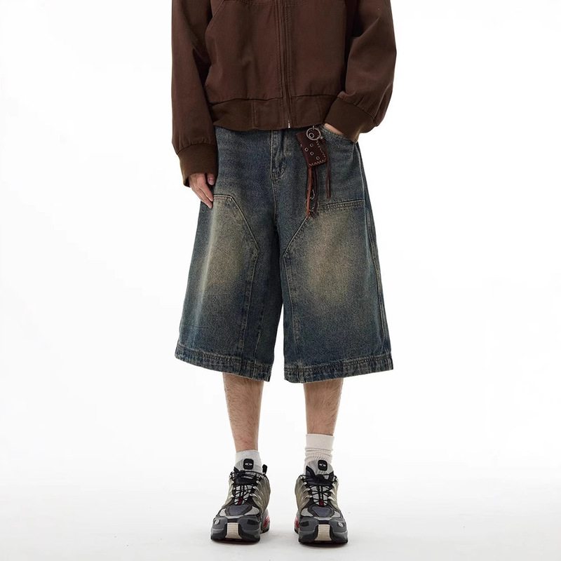 American High-end Sense Denim Shorts Men's Retro Pants European and American Logging Wide-leg Shorts Six-legged Pants Couple's Summer