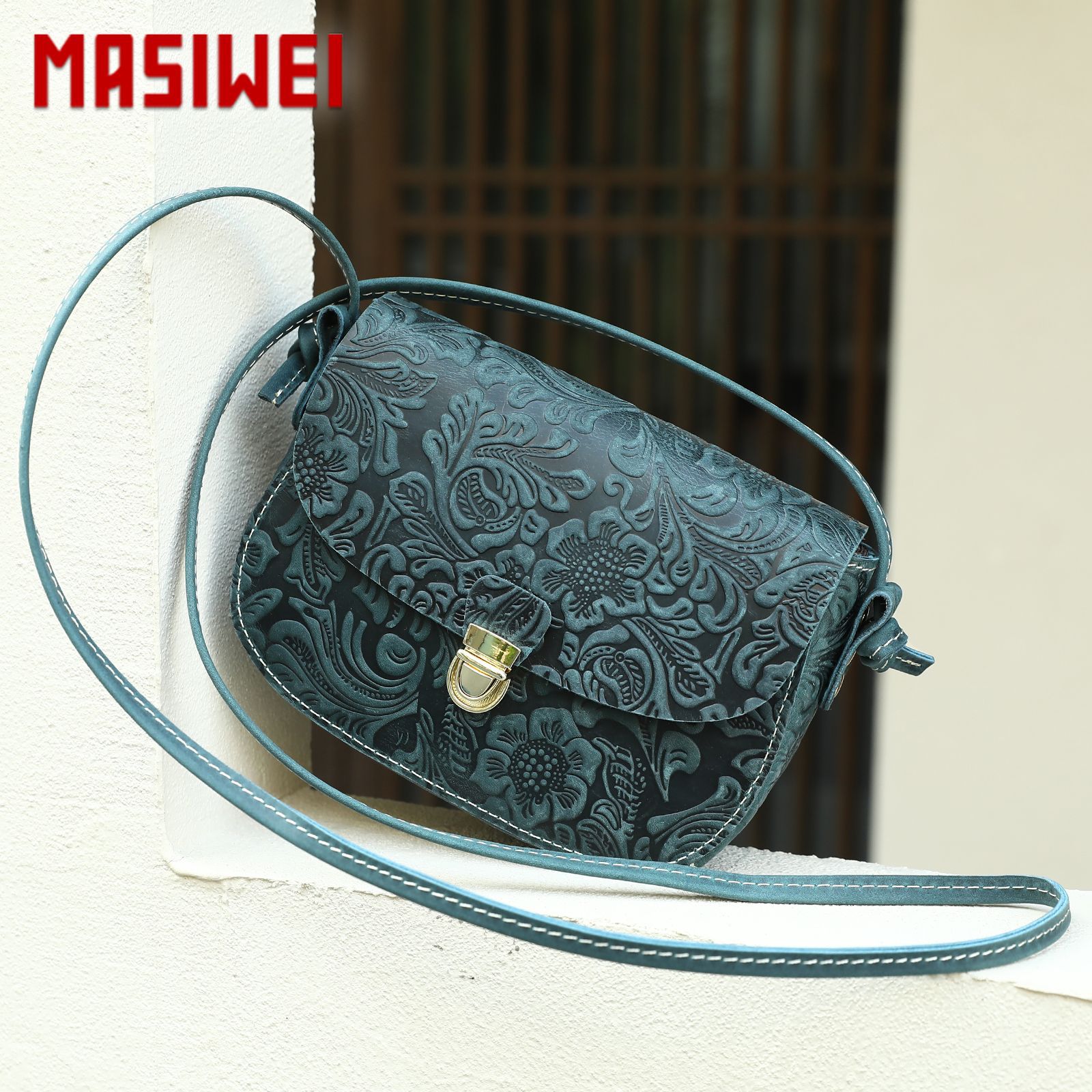 MASIWEI Crazy Horse Leather Vintage Embossed Shoulder Bag - Fashion Genuine Leather Women's Crossbody Bag with High-End Clasp