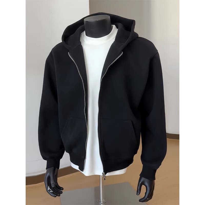 Autumn and Winter Pure Color Basic Cleanfit Hooded Sweatshirt Men's Boxy Short Loose Double Zipper Cardigan Jacket Top