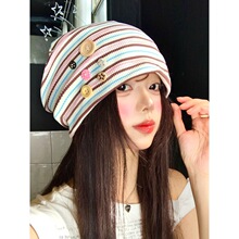 彩色纽扣条纹针织堆堆帽女夏季薄款显脸小包头帽百搭冷帽套头帽子