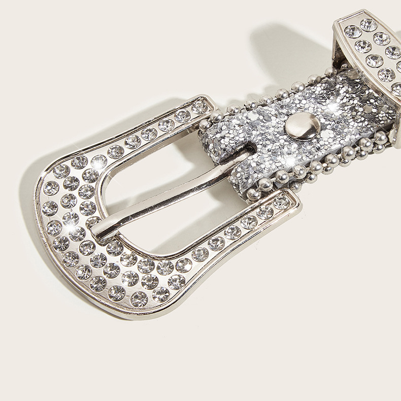2024 New Fashion Versatile Water Diamond Willow Nail Silver Needle Button Thin Belt Women's Jeans Belt Dress Decoration Narrow Accessories_viptrois.com