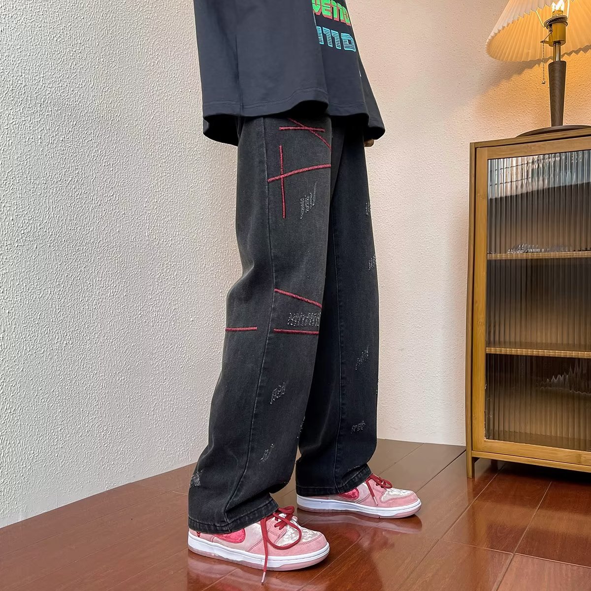 Men's Vintage Washed Denim Straight Leg Jeans Hip-Hop Style Cargo Pockets Streetwear Pants_mkmklike.com