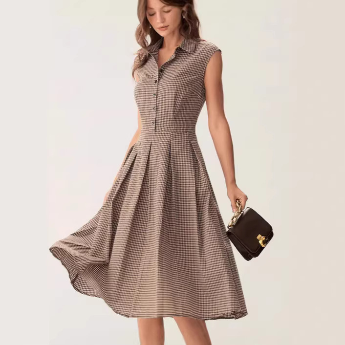 Cross-Border European and American 2026 Summer New Retro Plaid Sleeveless Shirt Dress for Women, Waist-Cinching Slimming Mid-Length Dress Cross-Border European and American 2026 Summer New Retro Plaid Sleeveless Shirt Dress for Women, Waist-Cinching Slimming Mid-Length Dress