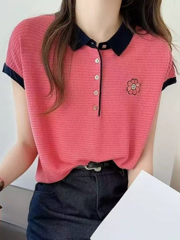 スマイリーフェイスひまわり刺繍薄手半袖セーター夏の気質スリムハーフブレストカラーブロックラペルトップ女性用|undefined